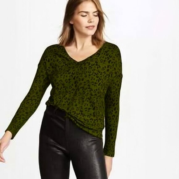 RAILS Sami Long Sleeve Top Linen Blend Cheetah Print Olive Green V-neck size S - Picture 1 of 12